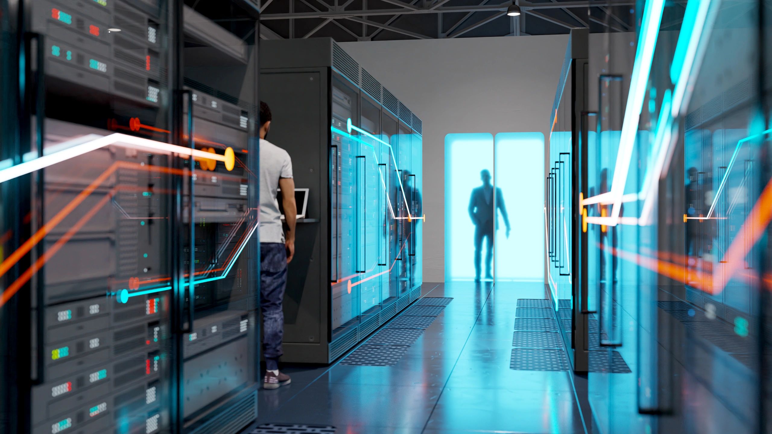 Engineers collaborating in a modern data center environment